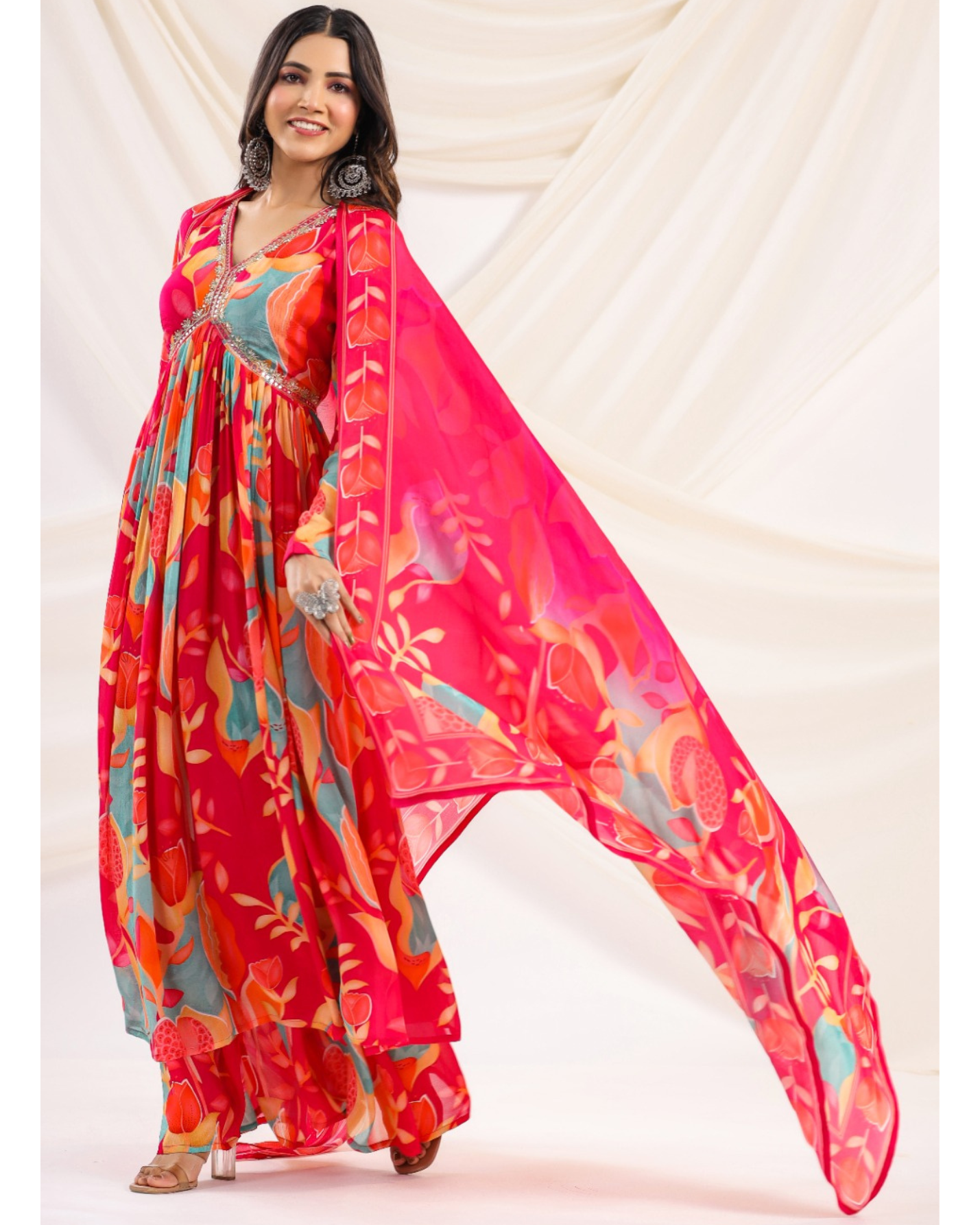 Rosy Radiance - Alia Style Gather Anarkali Kurta With Flared Palazoo Pure Muslin Fabric Dupatta