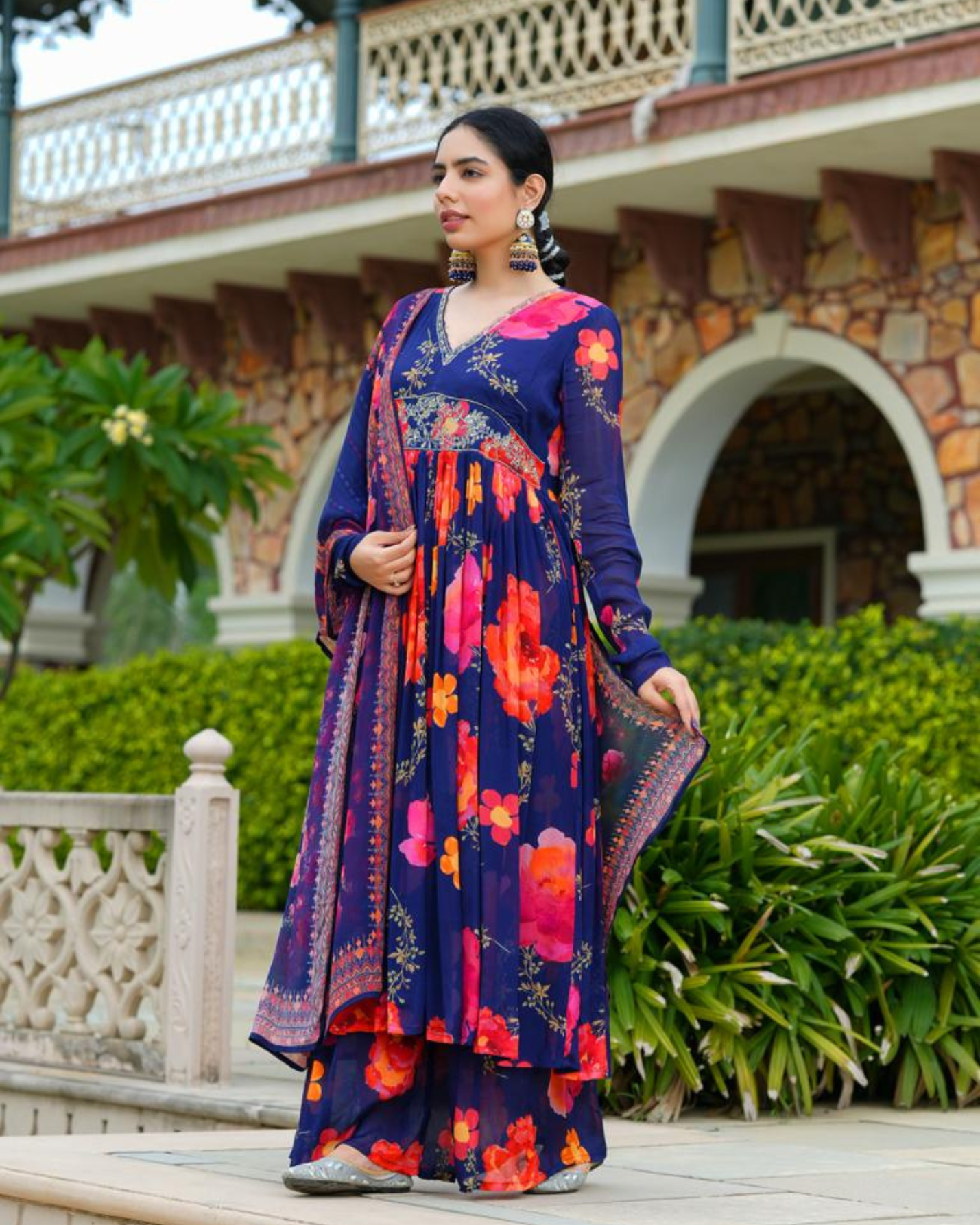 Aura Adorned - Heavy Zardosi Work Anarkali Kurta and Flared Palazoo With Pure Muslin Fabric Dupatta
