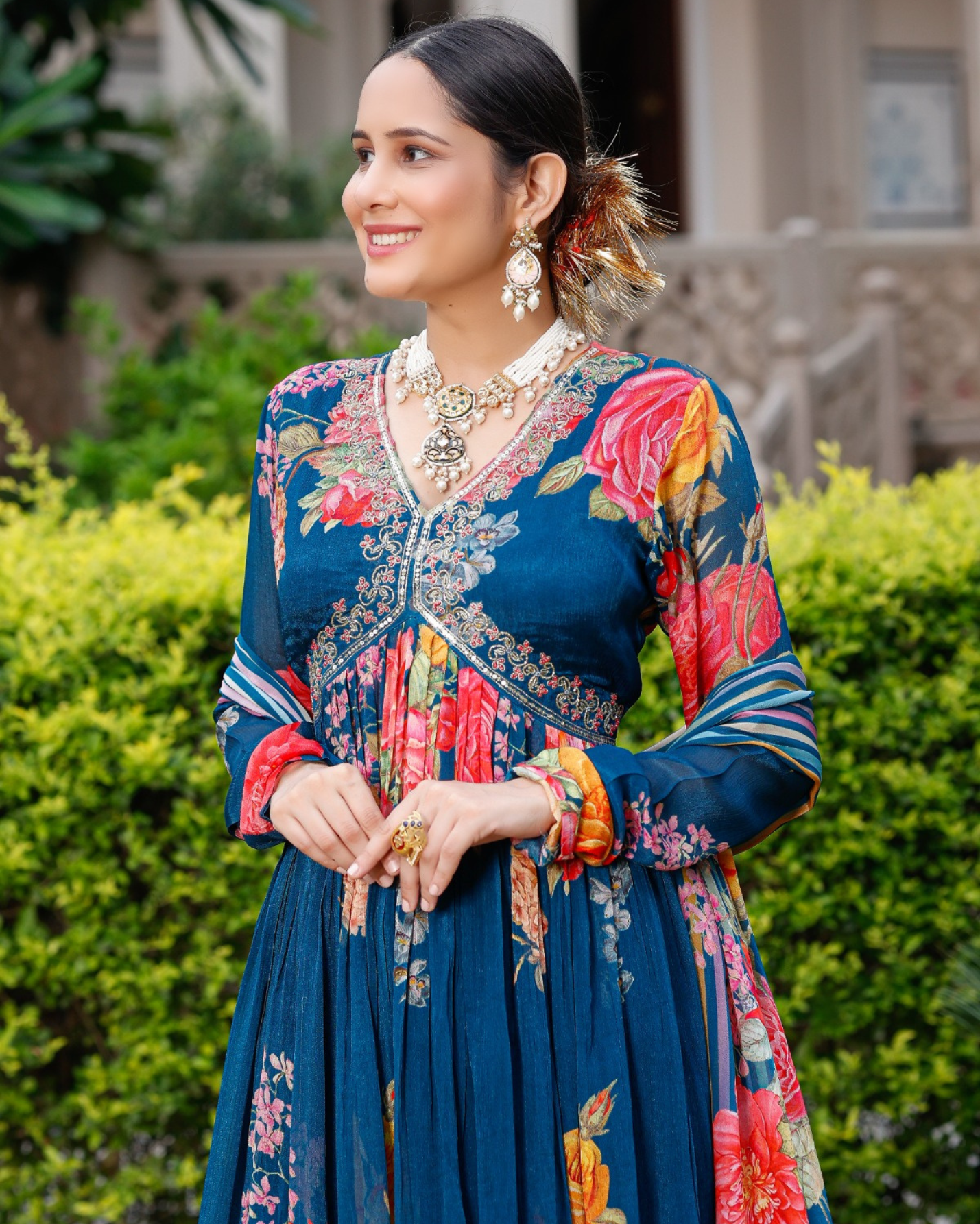 Royal Blue Radiance - Alia Style Anarkali Kurta With Flared Palazoo And Pure Muslin Fabric Dupatta