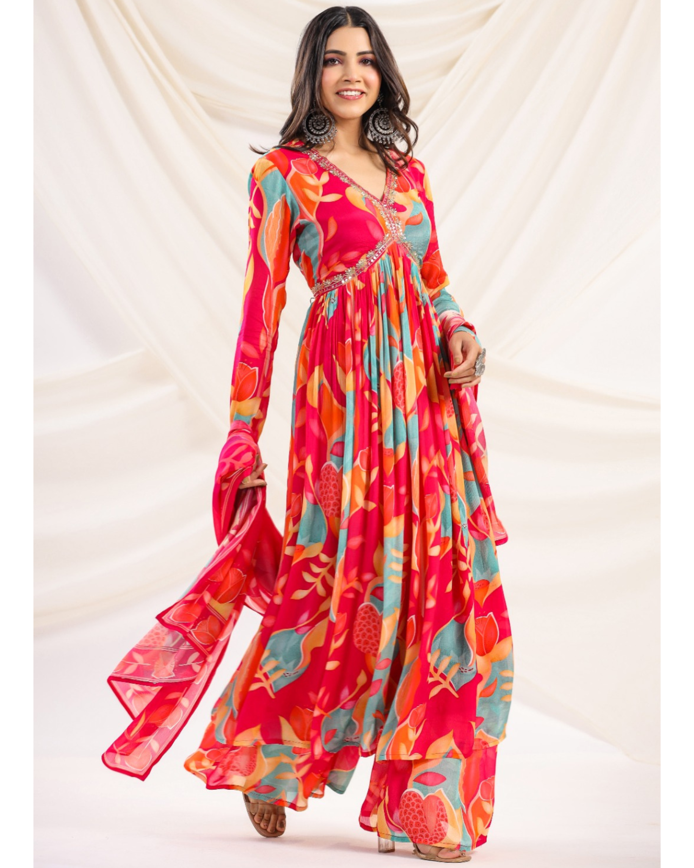 Rosy Radiance - Alia Style Gather Anarkali Kurta With Flared Palazoo Pure Muslin Fabric Dupatta