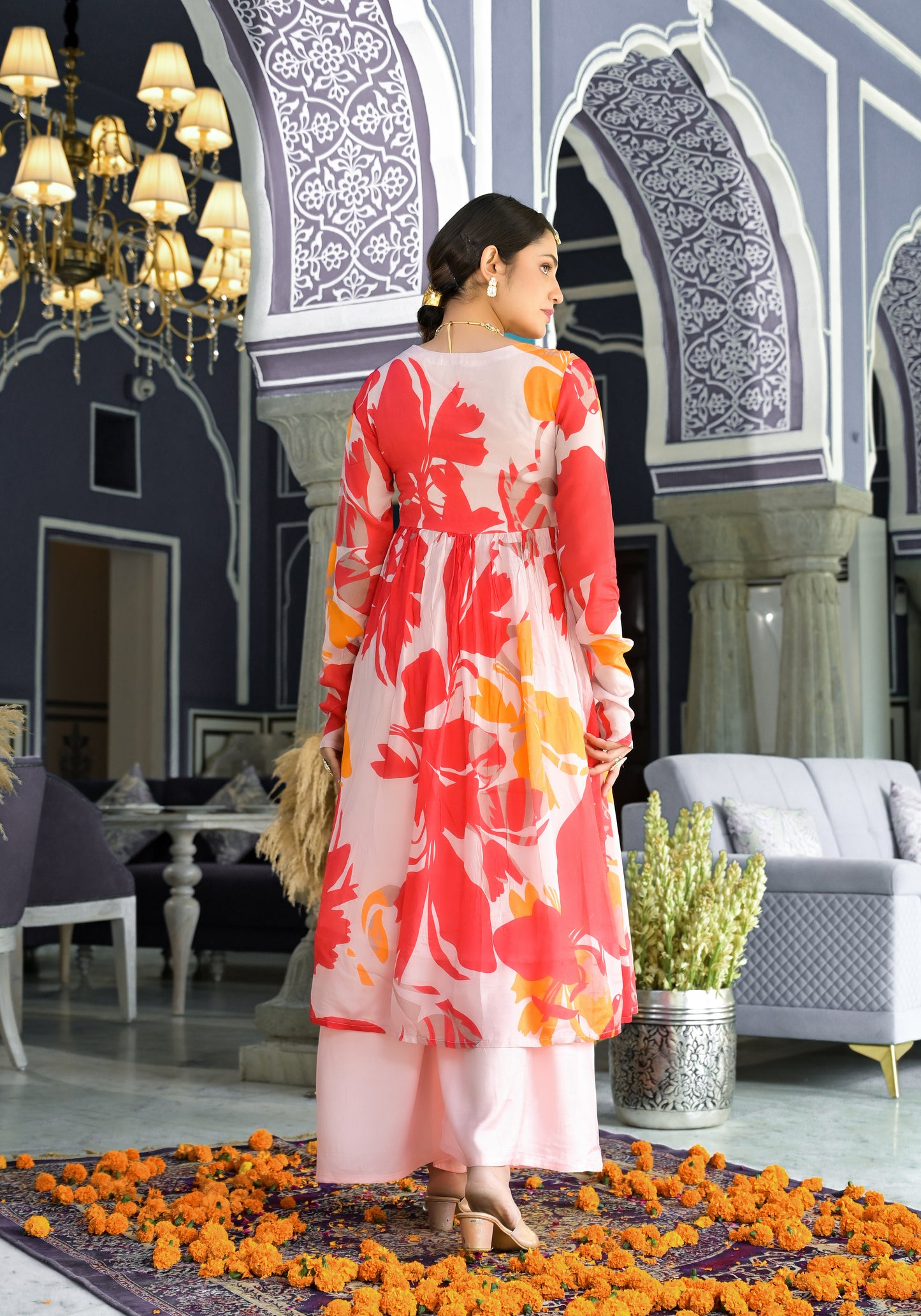Daffodil - Full sleeved kurti palazzo set with printed dupatta