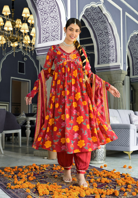 Salvia - Alia Cut, Full sleeved Kurti pajama set with a fully designed dupatta