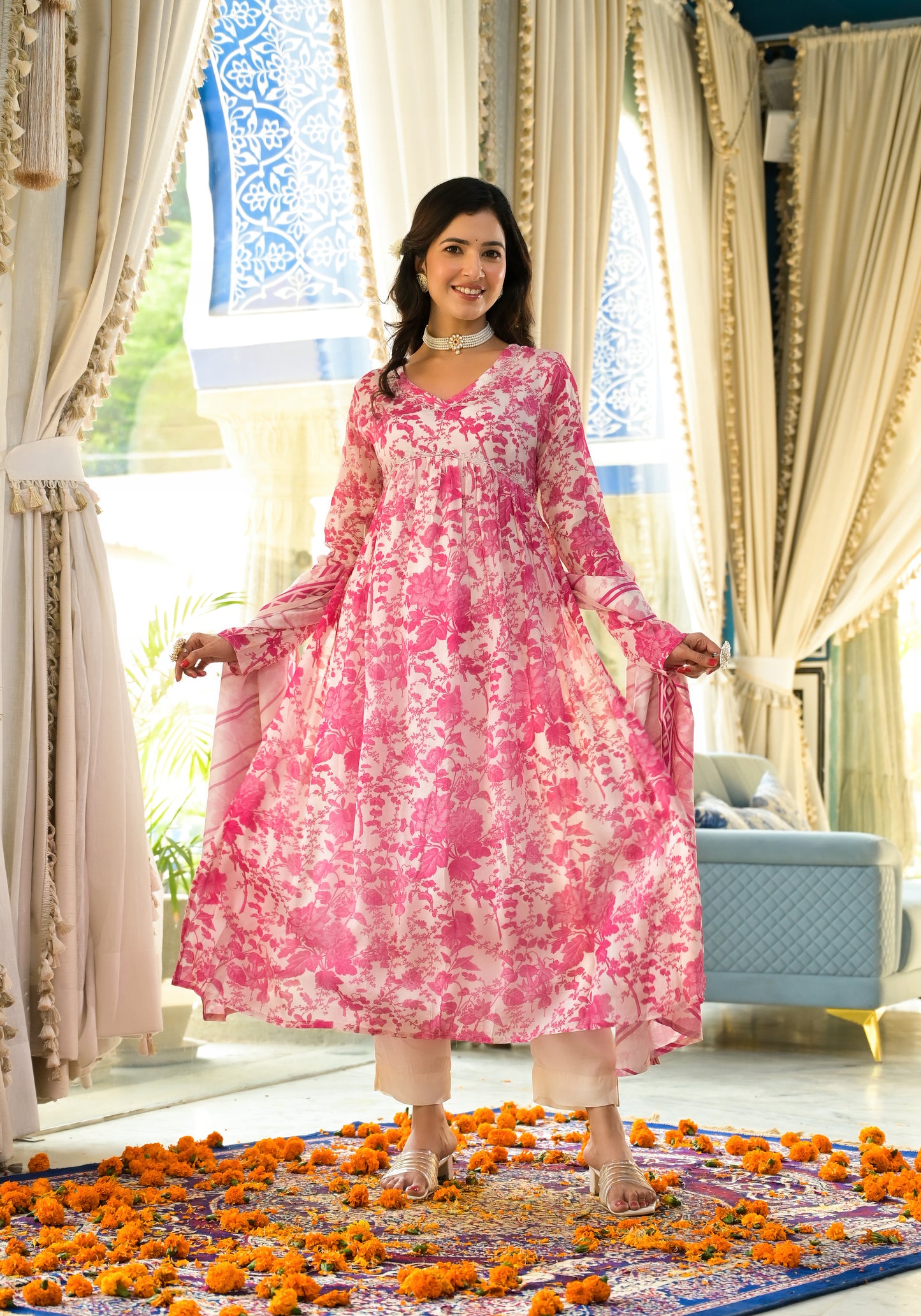 Peral - V Neck Full Sleeves Floral Printed Kurta with Pants, with Stripped Dupatta