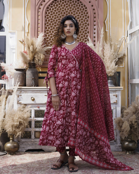 Angrakha Anarkali Set With Designer Sleeves - Cotton Fabric