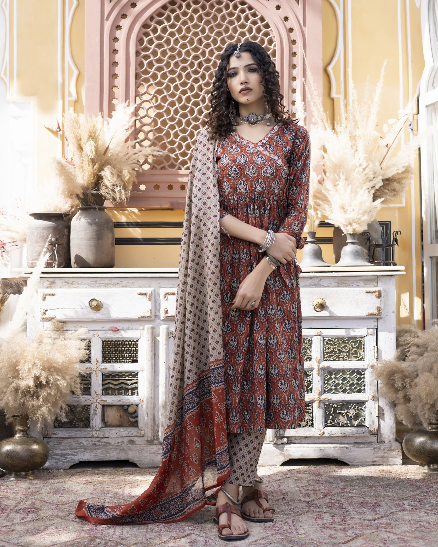 Angrakha Gather Style Kurti Pant Dupatta Set - Cotton Fabric